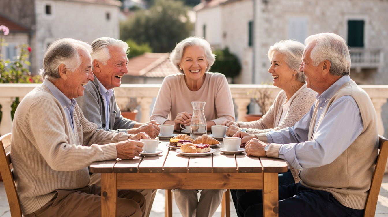 Seniors enjoying coffee and conversation together at a social gathering
